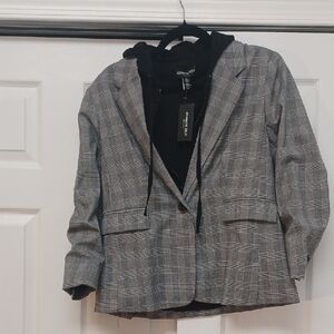 Kenneth Cole Black and Gray Checkered Blazer with Hoodie